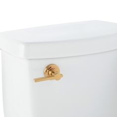 a white toilet with a golden handle on it