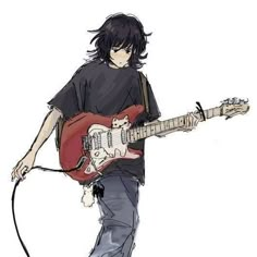 a drawing of a person with a guitar in his hand and an electric cord attached to their neck