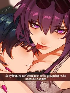 two women with purple hair and glasses are hugging each other in front of the caption that reads sorry bros, he can't text back the grouch