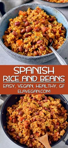 spanish rice and beans in a bowl with spoons