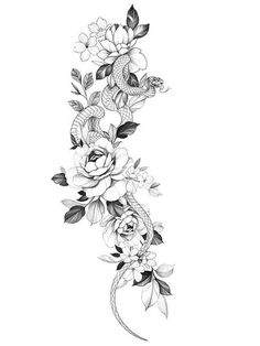 a black and white drawing of flowers with leaves on the bottom half of the image