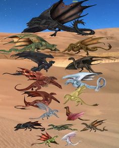 a group of different types of dinosaurs in the desert