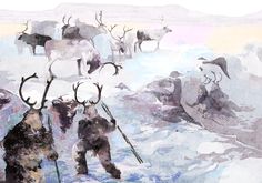 a painting of some animals in the snow with skis on their heads and legs