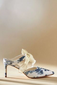 Something Bleu Elvie Mules | Anthropologie Blue Bridal Shoes, Feather Heels, Satin Ballet Flats, March Wedding, Ivory Wedding Shoes, Blue Wedding Shoes, Anthropologie Wedding, Western Ankle Boots, Crystal Heels