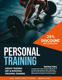 a flyer for a personal training program with a man doing squats on a barbell