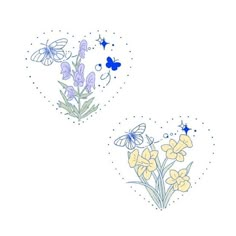 two drawings of flowers and butterflies on a white background with blue stars in the sky