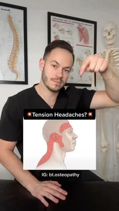 a man holding up a poster with the words tension headaches? on it