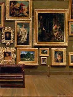 there are many paintings on the wall and one is sitting next to a wooden bench