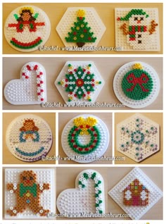 six different pictures of christmas ornaments made out of perler beads and beadwork