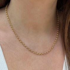 Bold yet lightweight, the classic Rolo Chain Necklace is the perfect chain to make an effortless statement. Available in 14K Yellow Gold Chain is 3.75mm wide Classic Gold Plated Necklace With Rolo Chain, Gold Rolo Chain Necklace Fine Jewelry, Yellow Gold Metal Necklace With Rolo Chain, Yellow Gold Rolo Chain Metal Necklace, Yellow Gold Plated Rolo Chain Necklace, Everyday Necklace, Yellow Gold Chain, Rolo Chain, Chain Lengths