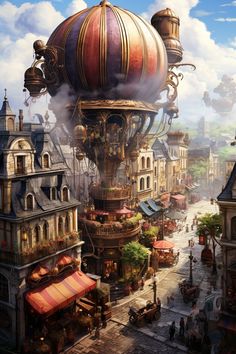 an artist's rendering of a city with hot air balloons