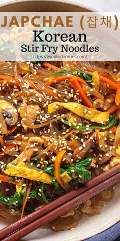 Japchae (잡채), or Chapchae, is a dish that's been in my family for a long time. Everybody makes it different and you can add anything and everything you want. Japchae is a Korean noodle dish that is packed with a rainbow of vegetables, ribbons of egg, and meat if you want! It's super easy to make and it is a very healthy recipe that anyone can enjoy. Visit our blog for the recipe and more! | Two Plaid Aprons | #japchae #chapchae #korean #recipe #healthy #noodles #koreanfood #asian Chapchae Recipe Korean, Korean Noodle Dishes, Korean Night, Korean Stir Fry, Korean Sweet Potato, Korean Recipe