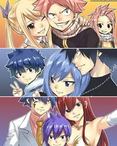 four anime characters with different colored hair