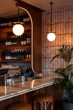 a bar with stools and bottles on the shelves in front of it, next to a potted plant