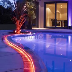 an outdoor swimming pool at night with lights on the side and plants in the corner