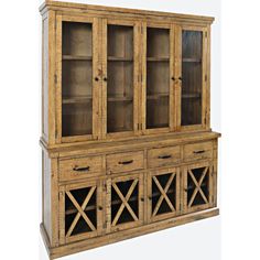 a large wooden cabinet with glass doors and two drawers on the front, side by side