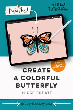 an ipad with the text create a colorful butterfly in procreate, and then use it