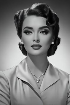 a black and white photo of a woman wearing pearls