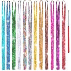 PRICES MAY VARY. Sparkling and Eye-catching - Hair Tinsel 48 Inches offers a dazzling and glamorous touch to your hairstyle. With 12 vibrant colors and 2500 strands, you can easily create multi-dimensional highlights that catch everyone's attention. Step into any party or event with confidence and be the star of the show with these sparkling tinsel hair extensions. Perfect for any occasion - Whether it's a birthday party, music festival, or a night out with friends, these fairy hair tinsel exten Party Tinsel, Fairy Hair Tinsel, Tinsel Hair Extensions, Tinsel Hair, Hair Tinsel, Fairy Hair, Hair Streaks, Glitter Hair, Hair Strand