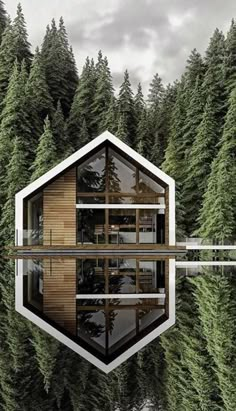 a cabin in the middle of some trees with water reflecting it's reflection on the ground