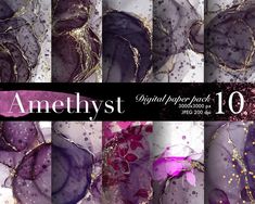 an assortment of purple and gold abstract paper packs with the words, amethyst