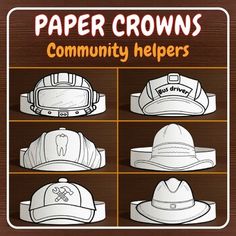 the paper crowns community helpers are designed to look like hats with different designs on them