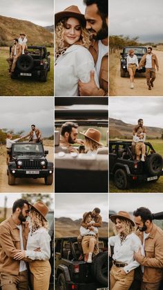 a man and woman are hugging in the back of a truck while another couple is standing behind them