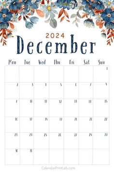 Floral December 2024 Calendar December Planner 2024, December Calender 2024 Printable, December 2024 Calendar Printable, 2024 December Calendar, Calendar Printables 2024, December 2024 Calendar, December Calendar 2024, Free Printable Calender, Printable Calender