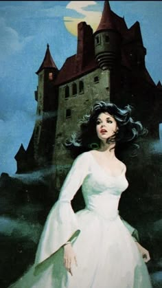 a painting of a woman in a white dress standing next to a castle with a full moon behind her