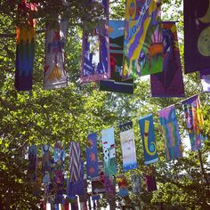 many colorful flags are hanging from the trees