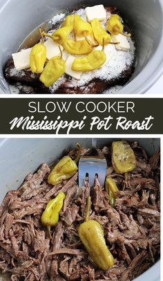 slow cooker mississippi pot roast with sliced bananas and powdered sugar in the middle