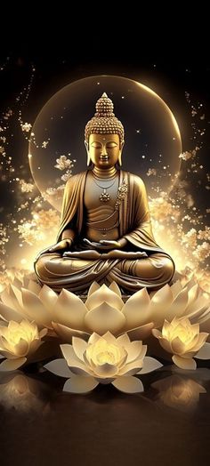 a buddha statue sitting on top of a lotus flower