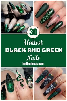 30 Hottest Black And Green Nails Nails Acrylic Greens, Dark Green Nails With Black Design, Black Green Nails Ideas, Dark Green Witchy Nails, Acrylic Nail Designs Emerald Green, Green Witch Nails Designs, Witch Nails Acrylic Short, Dark Green Goth Nails, Green And Black Nails Ideas