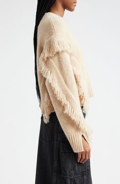 Fringe trim makes a swingy statement on this cozy alpaca-blend sweater in a relaxed silhouette. Crewneck Long sleeves 78% alpaca, 20% polyamide, 2% elastane Dry clean Imported Wool Sweater Dress, Crochet Fringe, Latest Sweater, Fringe Sweater, Alpaca Sweater, Brown Sweater, Fringe Trim, 3.1 Phillip Lim, Wool Blend Sweater