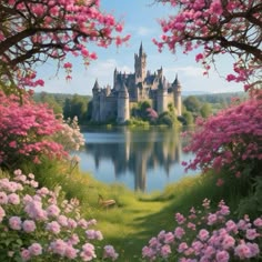 a painting of a castle in the middle of flowers and trees with water behind it