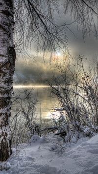 the sun shines through the clouds over water and snow covered trees in wintertime