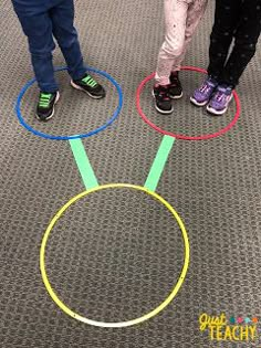 three young children standing in front of a circle on the floor with different colored circles around them