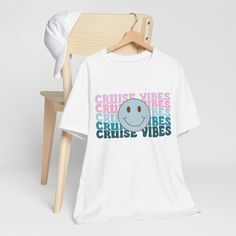 A fun and casual "Cruise Vibes" t-shirt perfect for cruise lovers. This shirt gives a relaxed and vacation-like feeling, ideal for wearing on cruises or everyday casual outings. It is relevant for cruise-goers, vacation lovers, and anyone who enjoys a laid-back style. Great for vacations, cruises, summer holidays, and casual hangouts with friends. Product features - Made with 100% lightweight Airlume cotton for breathability and comfort - Retail fit for casual and semi-formal settings - Manufactured in the US and internationally in a sustainable and ethical way - Variety of fabric blends available for different color options - Tear-away label for minimal skin irritations Care instructions - Machine wash: cold (max 30C or 90F) - Non-chlorine: bleach as needed - Tumble dry: low heat - Iron, Cruise Vibes, Hangouts With Friends, Ocean Vacation, Summer Cruise, Vacation Tops, Summer Holidays, Laid Back Style, Nautical Theme, Semi Formal