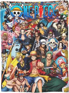 one piece poster with all the characters and their names on it's front cover