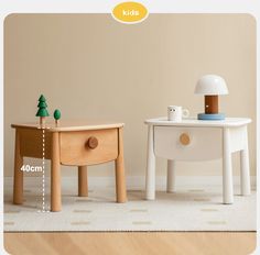 two small children's wooden tables with one table on top and the other side