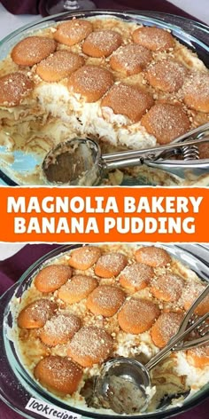 two pictures of a banana pudding with spoons in it and the words, magnolia bakery banana pudding