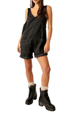 Sturdy short overalls are cut from inky cotton denim and as much fun to wear as they were when you were a kid. 3" inseam, 26" leg opening, 21" center front (size medium) V-neck Adjustable straps Front patch pockets 100% cotton Machine wash, tumble dry Imported High Roller, True North, Simple Tees, Cardigan Top, Chunky Sweater, Denim Overalls, Swimwear Tops, Overall Shorts, Denim Dress