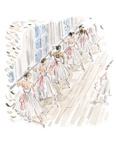 an artistic drawing of dancers in white dresses with their arms around each other as they walk down the street