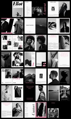 a collage of black and white photos with pink accents on the bottom right hand corner