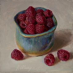 a painting of raspberries in a blue bowl