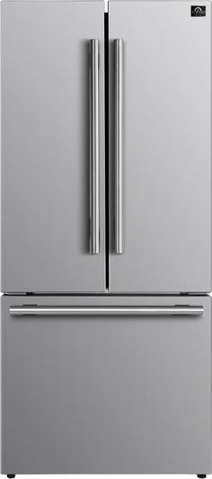 a stainless steel refrigerator freezer with two doors and one drawer on each side, in front of a white background