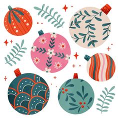 an image of christmas ornaments on a white background with red and blue designs in the middle