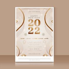 a new year party flyer template with gold and white decorations on the front, and an elegant