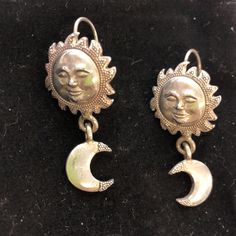 These Are Lovely Sun Face And Moon Charm Earrings. These Are Vintage Designs By Venue Studio And I’m Not Sure If These Are Sterling Silver Or Pewter. Very Pretty. The Detail Work Is Pretty. Firm$ Discounted Vintage 1980s But New(Leftover Inventory) French Euro Wires 1.5” Velvet Pouch Vintbox Green Label Vintage Crescent Moon Charm Earrings, Vintage Moon Shaped Earrings, Moon Shaped Sun And Moon Design Festival Earrings, Sun And Moon Design Moon Shaped Earrings For Festival, Sun And Moon Design Moon-shaped Earrings For Festival, Festival Sun And Moon Design Moon-shaped Earrings, Sun And Moon Design Moon-shaped Festival Earrings, Vintage Moon-shaped Metal Earrings, Vintage Moon-shaped Earrings For Gift