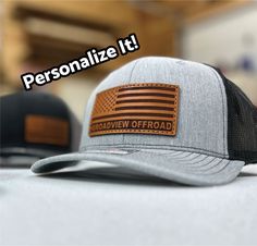 Patches made from genuine, American, all natural veg tanned leather.  Laser etched, hand dyed and conditioned and stitched onto an authentic Richardson 112 Trucker Hat. Add one of our new Custom Flag Leather Patch Beanies to your order and take 15% off both hats! Use code USA15 at check out (both hats must have the same personalization).  Click on our store name, and navigate to the USA beanie. How to order:  -From the first drop down, select your hat color -From the second drop down, select your patch color and location - In the personalization box, enter the text as youd like it to appear on the patch.   NOTE: Font will always be all uppercase.                 - The patch stitching will match the patch.  Brown will have brown stitching, black will have black.                  - If no col Leather Hats With Leather Patch, Leather Trucker Snapback Hat, 5-panel Leather Hat For Outdoor, Leather 5-panel Hat For Outdoor, 5-panel Leather Hats With Leather Patch, Leather 5-panel Hats With Leather Patch, Brown Leather 5-panel Hat, Patch Stitching, American Flag Hat